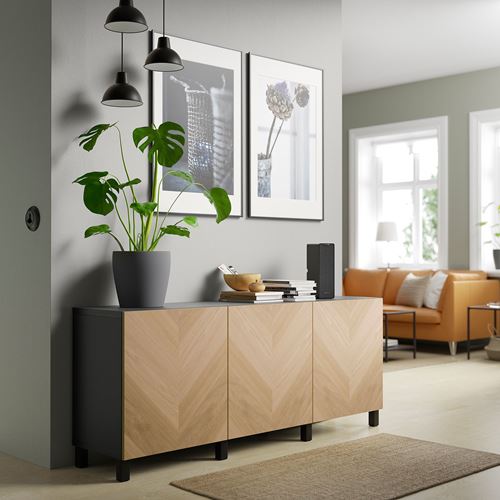 IKEA - BESTA, storage combination, black-brown/oak veneer, 180x42x74 cm