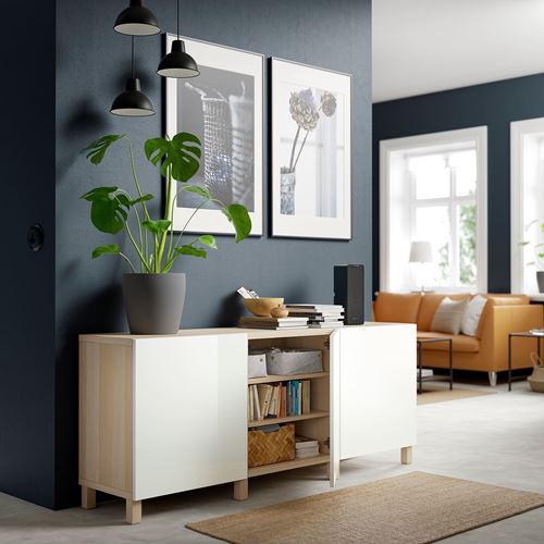 IKEA - BESTA, storage combination, white stained oak effect/high-gloss/white, 180x40x74 cm