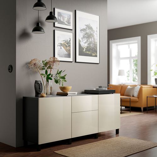 IKEA - BESTA, storage combination, black-brown/high-gloss/beige, 180x42x74 cm