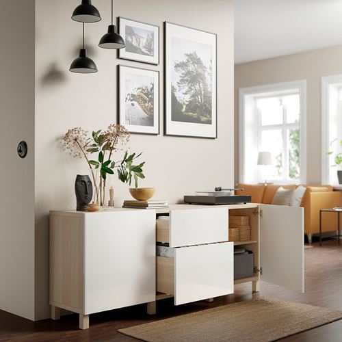 IKEA - BESTA, storage combination, white stained oak effect/high-gloss/white, 180x40x74 cm