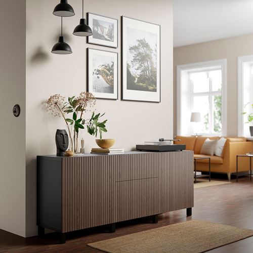 IKEA - BESTA, storage combination, black-brown/brown oak veneer, 180x42x74 cm