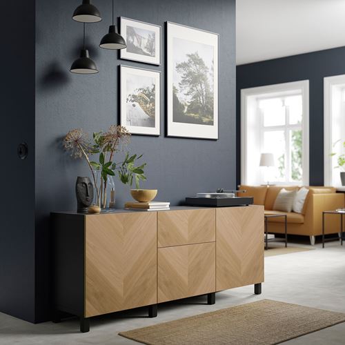 IKEA - BESTA, storage combination, black-brown/oak veneer, 180x42x74 cm