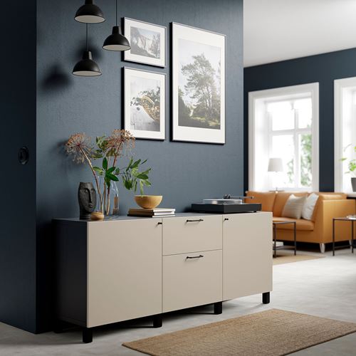 IKEA - BESTA, storage combination, black-brown/light grey/beige, 180x42x74 cm