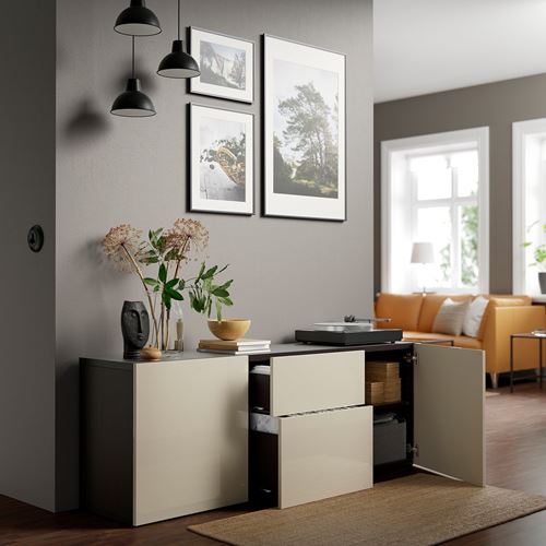 IKEA - BESTA, storage combination, black-brown/high-gloss/beige, 180x42x65 cm