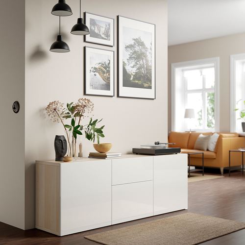 IKEA - BESTA, storage combination, white stained oak effect/high-gloss/white, 180x42x65 cm