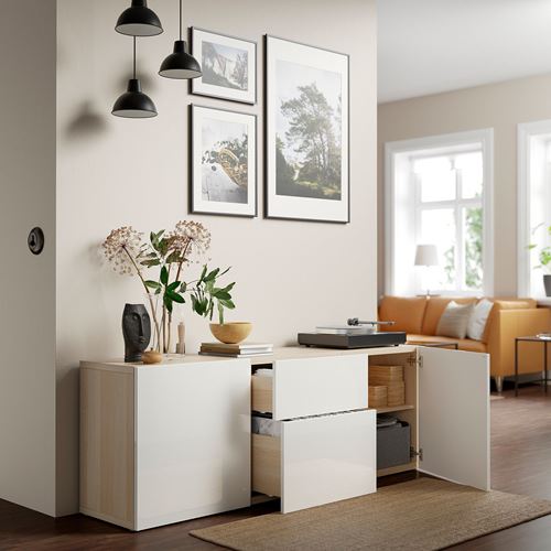 IKEA - BESTA, storage combination, white stained oak effect/high-gloss/white, 180x42x65 cm