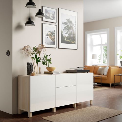 IKEA - BESTA, storage combination, white stained oak effect/high-gloss/white, 180x40x74 cm