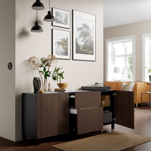 IKEA - BESTA, storage combination, black-brown/brown oak veneer, 180x42x74 cm