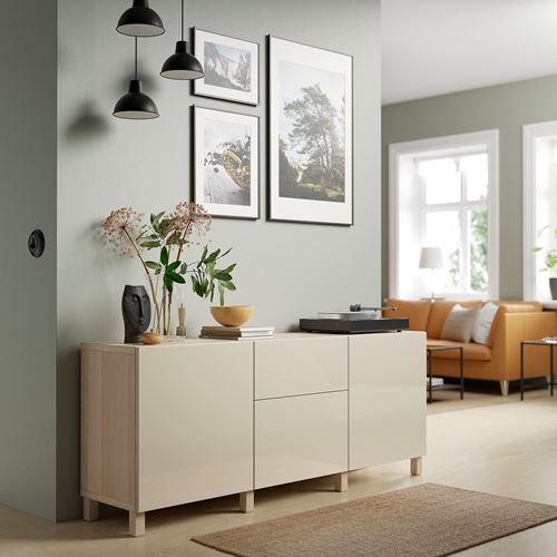 IKEA - BESTA, storage combination, white stained oak effect/high-gloss/beige, 180x42x74 cm