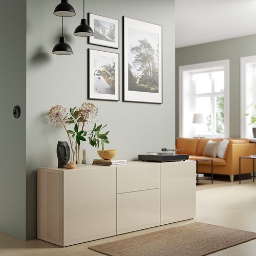 IKEA - BESTA, storage combination, white stained oak effect/high-gloss/beige, 180x42x65 cm