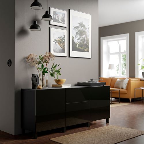 IKEA - BESTA, storage combination, black-brown/high-gloss/black, 180x42x74 cm