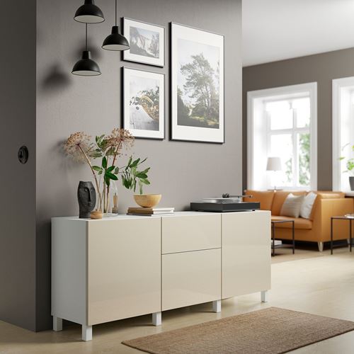 IKEA - BESTA, storage combination, white/high-gloss/beige, 180x42x74 cm