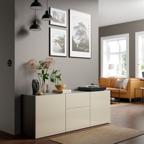 IKEA - BESTA, storage combination, black-brown/high-gloss/beige, 180x42x65 cm