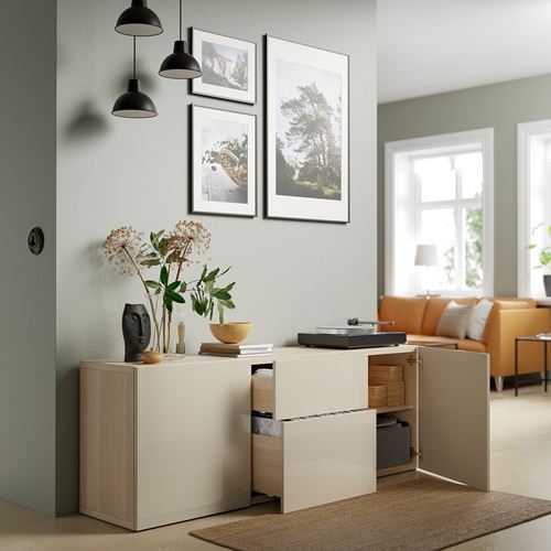 IKEA - BESTA, storage combination, white stained oak effect/high-gloss/beige, 180x42x65 cm