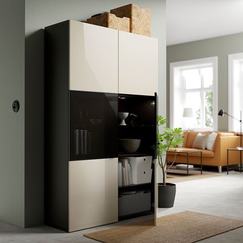 IKEA - BESTA, storage combination, black-brown/high-gloss/beige/smoked glass, 120x42x193 cm