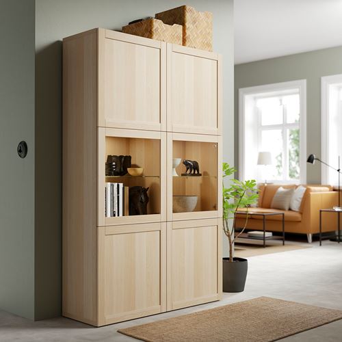 IKEA - BESTA, storage combination, white stained oak effect/white stained oak eff/clear glass, 120x42x193 cm