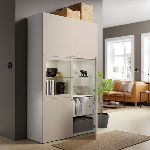 IKEA - BESTA, storage combination, white/light grey/beige/transparent glass, 120x42x193 cm