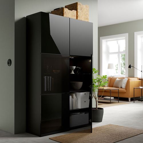 IKEA - BESTA, storage combination, black-brown/high-gloss/black/smoked glass, 120x42x193 cm