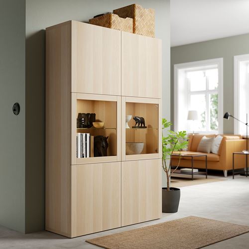 IKEA - BESTA, storage combination, white stained oak effect/white stained oak eff/clear glass, 120x40x192 cm