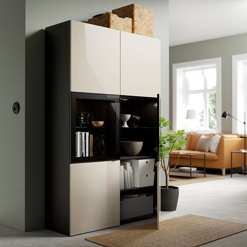 IKEA - BESTA, storage combination, black-brown/high-gloss/beige/clear glass, 120x42x193 cm