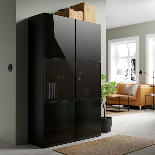 IKEA - BESTA, storage combination, black-brown/high-gloss/black/smoked glass, 120x42x193 cm