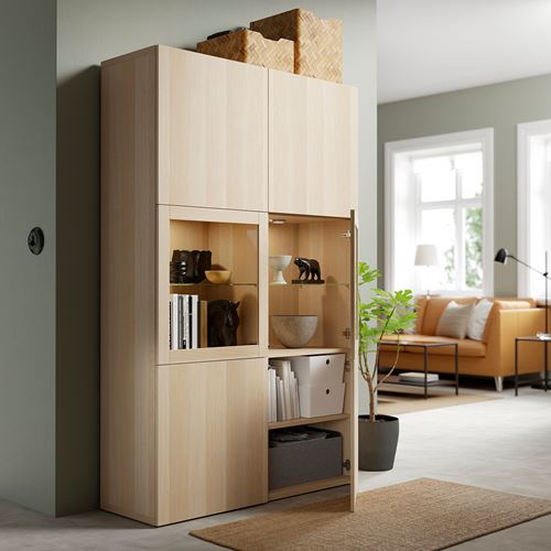 IKEA - BESTA, storage combination, white stained oak effect/white stained oak eff/clear glass, 120x40x192 cm