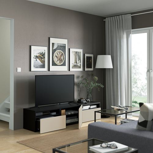 IKEA - BESTA, tv bench, black-brown/light grey/beige, 180x42x39 cm