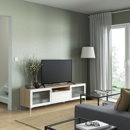 IKEA - BESTA, tv bench, white stained oak effect/high-gloss/white/frosted glass, 180x42x48 cm