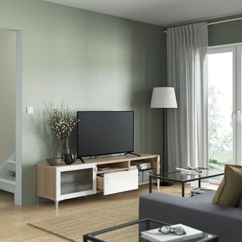 IKEA - BESTA, tv bench, white stained oak effect/high-gloss/white/frosted glass, 180x42x48 cm