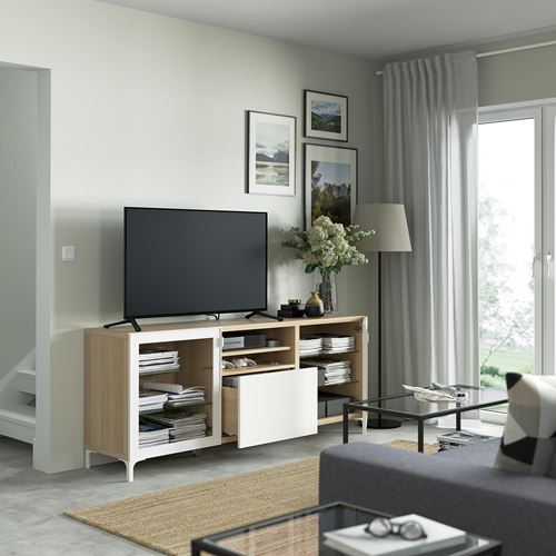 IKEA - BESTA, tv bench, white stained oak effect/white, 180x42x74 cm