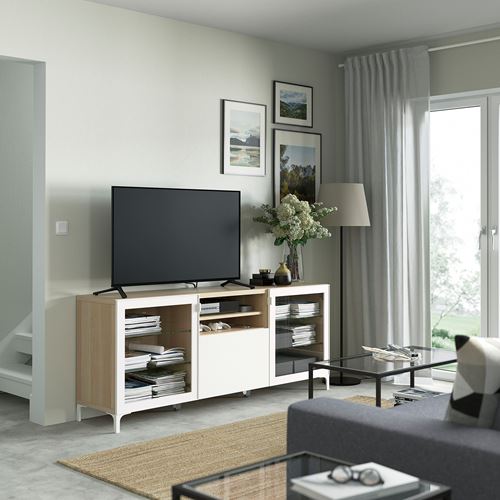 IKEA - BESTA, tv bench, white stained oak effect/white, 180x42x74 cm