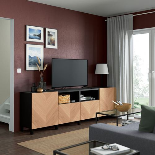 IKEA - BESTA, tv bench, black-brown/oak veneer, 240x42x74 cm