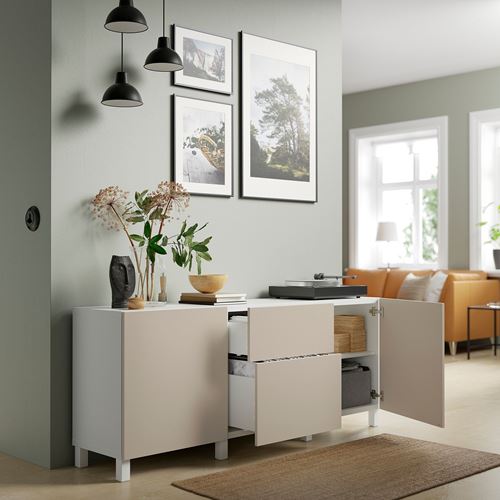 IKEA - BESTA, storage combination, white/light grey/beige, 180x42x74 cm