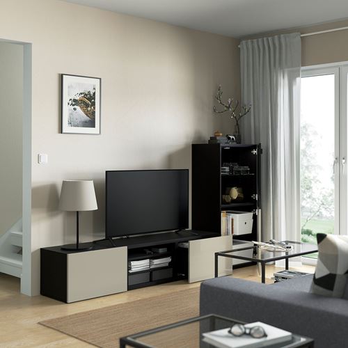 IKEA - BESTA, tv storage unit, black-brown/high-gloss/beige/smoked glass, 240x42x129 cm