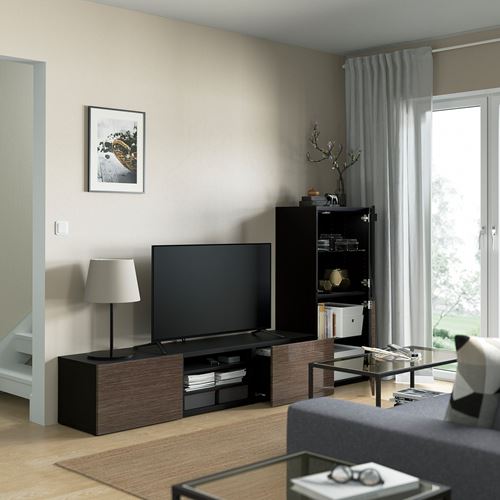 IKEA - BESTA, tv storage unit, black-brown/high-gloss/brown/smoked glass, 240x42x129 cm