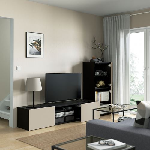 IKEA - BESTA, tv storage unit, black-brown/light grey/beige, 240x42x129 cm