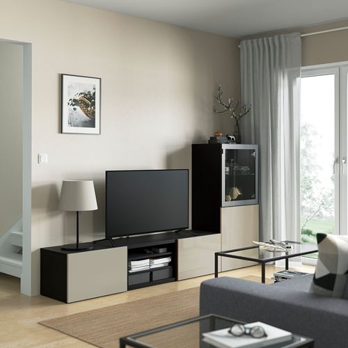 IKEA - BESTA, tv ünitesi, venge-parlak cila-bej-şeffaf cam, 240x42x129 cm