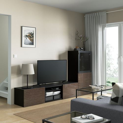 IKEA - BESTA, tv storage unit, black-brown/high-gloss/brown/smoked glass, 240x42x129 cm