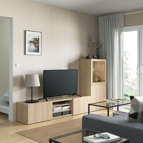 IKEA - BESTA, tv storage unit, white stained oak effect/white stained oak eff/clear glass, 240x42x129 cm