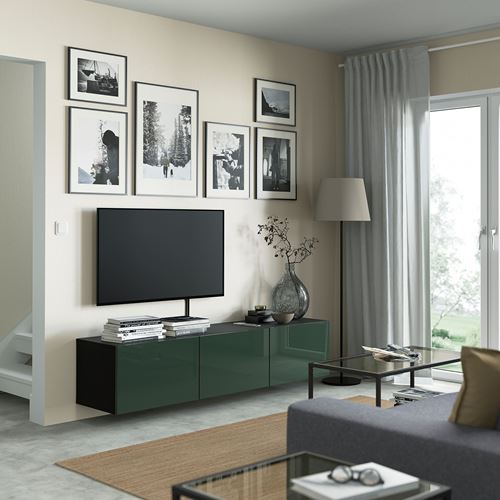 IKEA - BESTA, tv bench, black-brown/dark olive-green, 180x42x38 cm