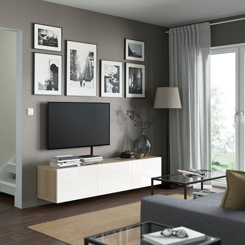 IKEA - BESTA, tv bench, white stained oak effect/high-gloss/white, 180x42x38 cm