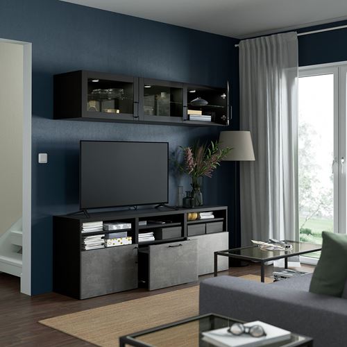 IKEA - BESTA, tv storage unit, black-brown/dark grey, 180x42x192 cm