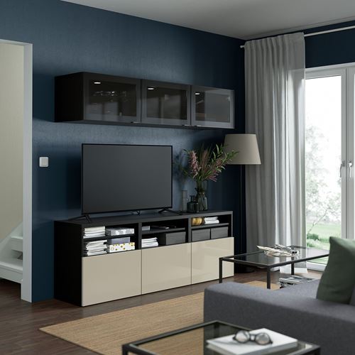 IKEA - BESTA, tv storage unit, black-brown/high-gloss/beige/smoked glass, 180x42x192 cm