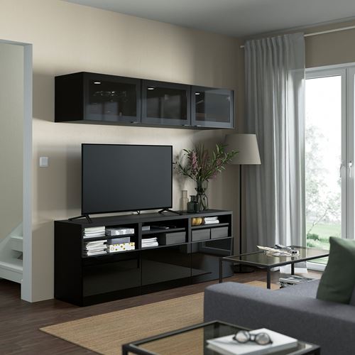 IKEA - BESTA, tv storage unit, black-brown/high-gloss/black/smoked glass, 180x42x192 cm