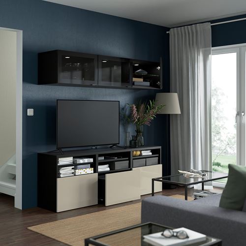 IKEA - BESTA, tv storage unit, black-brown/high-gloss/beige/smoked glass, 180x42x192 cm