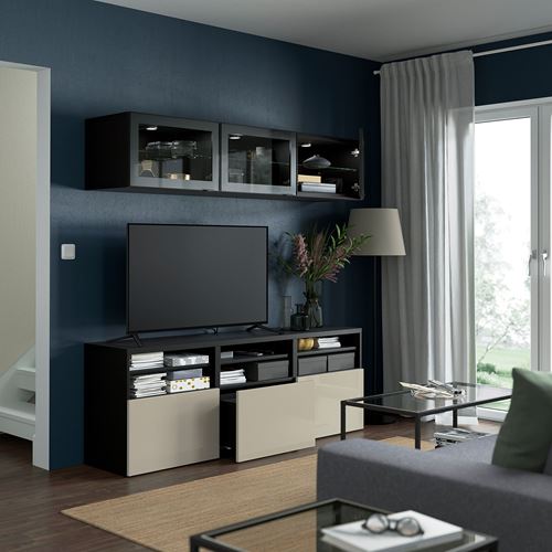 IKEA - BESTA, tv storage unit, black-brown/high-gloss/beige/clear glass, 180x42x192 cm