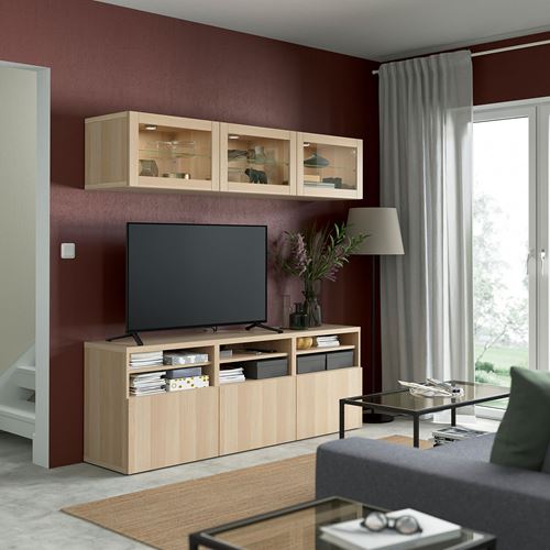 IKEA - BESTA, tv storage unit, white stained oak effect/white stained oak eff/clear glass, 180x42x192 cm