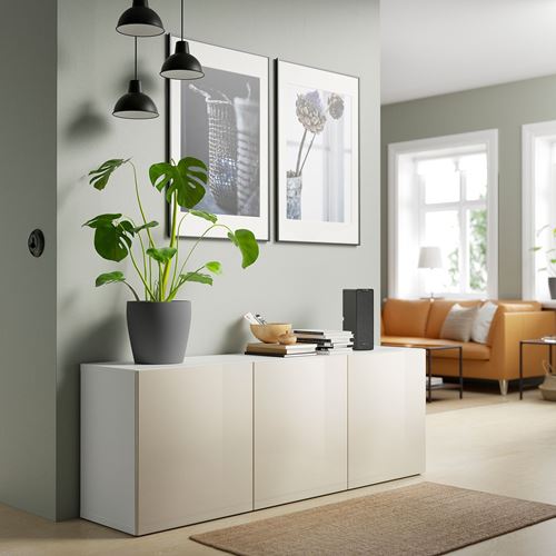 IKEA - BESTA, storage combination, white/high-gloss/beige, 180x42x65 cm