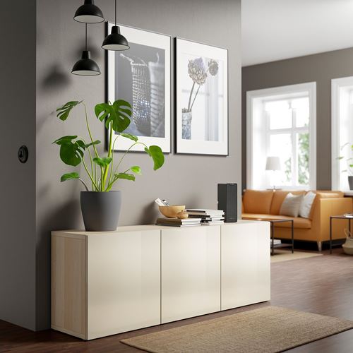 IKEA - BESTA, storage combination, white stained oak effect/high-gloss/beige, 180x42x65 cm