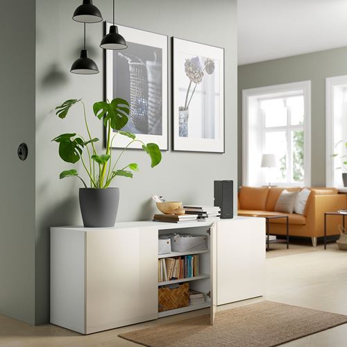 IKEA - BESTA, storage combination, white/high-gloss/beige, 180x42x65 cm